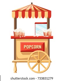 Popcorn Cart Carnival Store And Fun Festival Cart. Popcorn Cartoon Delicious Tasty Retro Car. Candy Corn Container Seller Snack Food Market Flat Vector Illustration. Web Site Page Mobile App Design.