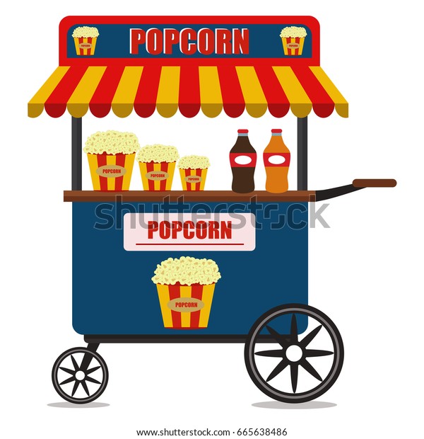 Popcorn cart carnival store and fun\
festival. Popcorn cartoon cart delicious tasty retro car. Candy\
corn container seller cart. Popcorn cart snack food market flat\
vector illustration.