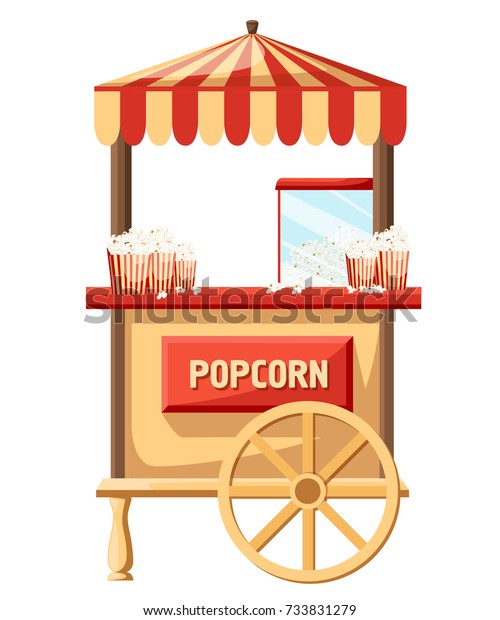Popcorn cart carnival store and fun festival\
cart. Popcorn cartoon delicious tasty retro car. Candy corn\
container seller snack food market flat vector illustration. Web\
site page mobile app\
design.
