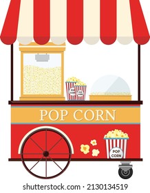 Popcorn cart carnival store isolated on white background. Amusement park food market. Colorful flat vector illustration.