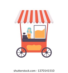 Popcorn Cart with Female Seller, Street Food Transport, Mobile Shop Vector Illustration