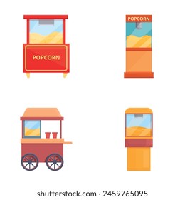 Popcorn cart icons set cartoon vector. Vintage kiosk in amusement park. Street food