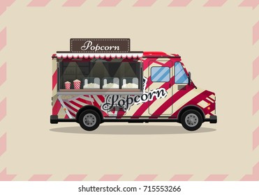 Popcorn cart, kiosk on wheels, retailers, sweets and confectionery products, and flat style isolated vector illustration. Snacks for your projects