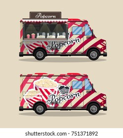 Popcorn cart, kiosk on wheels, retailers, sweets and confectionery products, and flat style isolated vector illustration. Snacks for your projects