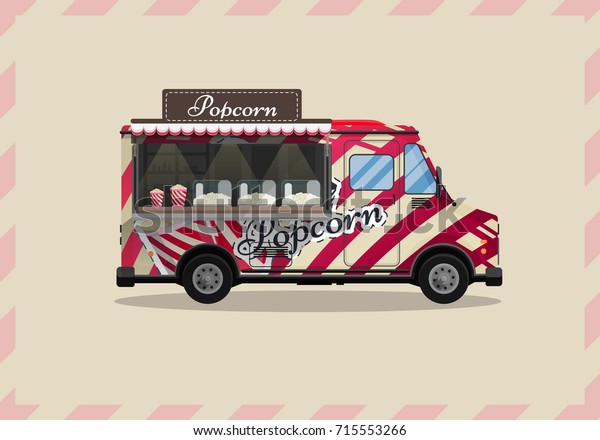 Popcorn cart, kiosk on wheels, retailers,\
sweets and confectionery products, and flat style isolated vector\
illustration. Snacks for your\
projects