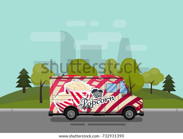 Popcorn cart, kiosk on wheels, retailers, sweets
and confectionery products, and flat style isolated against the
background of the city vector illustration. Snacks for your
projects