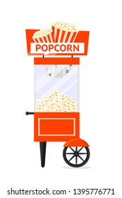 Popcorn cart, machine flat vector illustration. Traditional movie snack dispensing automaton with sign board. Takeaway service. Delicious fast food vending stand. Cinema isolated design element