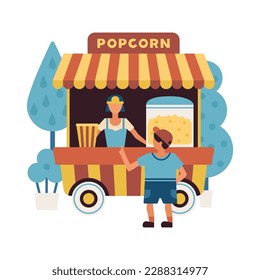 Popcorn cart in park with vendor and boy buyer flat vector illustration