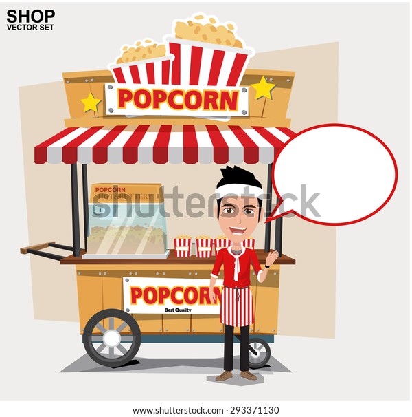 popcorn cart and seller with bubble speech -\
vector illustration