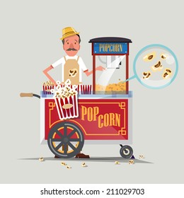 popcorn cart with seller - vector illustration