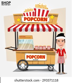 popcorn cart with seller - vector illustration