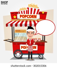 popcorn cart with seller - vector illustration