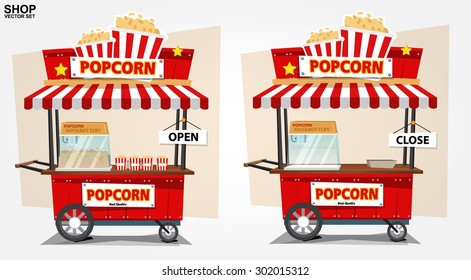 popcorn cart with seller - vector illustration