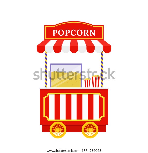 Popcorn cart. Vector. Pop corn machine. Outdoor shop.\
Circus, carnival stand. Funfair retro booth. Vintage kiosk in\
amusement park. Cartoon illustration. Icon isolated on white\
background. 
