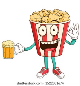 Popcorn cartoon character holding a beer glass with funny smile face