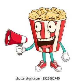 Popcorn cartoon character holding megaphone with funny smile face