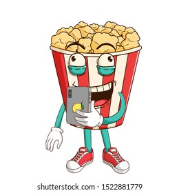 Popcorn cartoon character holding smartphone and do selfie with funny expression