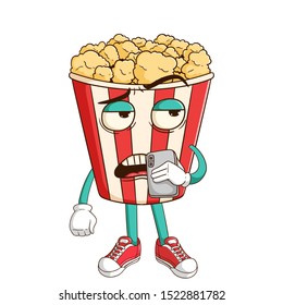 Popcorn cartoon character holding a smartphone and calling someone with funny bad expression