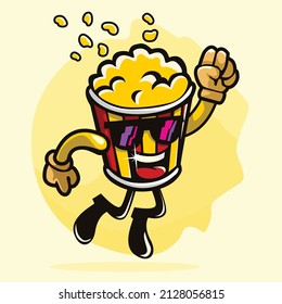 Popcorn cartoon character jumping with clenched fist
