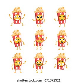 Popcorn Cartoon Character - modern vector template set of mascot illustrations. Gift images of popcorn dancing, smiling, having a good time. Emoticons, happiness, emotions, love, surprise, blinking,