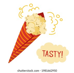 Popcorn cartoon cinema poster. Small box delicious popcorn. Cinema concept, watching movie, takeaway food, fast food snack icons. Flat style classic striped red white cardboard. Hand drawn vector