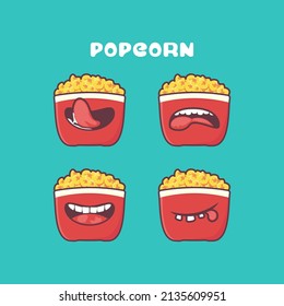 popcorn cartoon. fast food illustration. with different mouth expressions. cute cartoon
