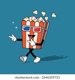 Popcorn cartoon mascot with 3d glasses vector illustration good for brand design or advertising