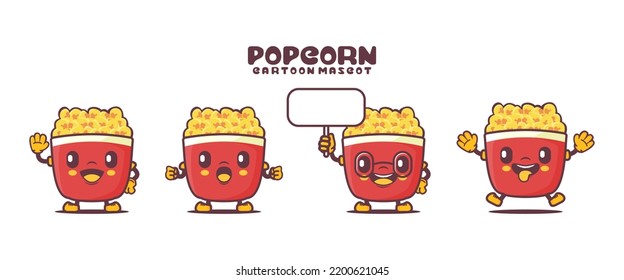 popcorn cartoon mascot with different expressions. fast food vector illustration.