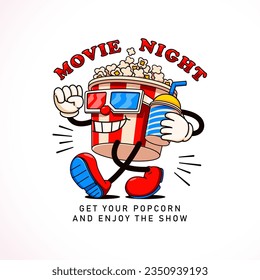 Popcorn cartoon mascot going to the movies. Perfect for logos, mascots, t-shirts, stickers and posters