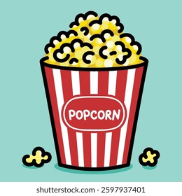 Popcorn cartoon vector graphic, representing snacks, movies, and fun time. Symbolizes entertainment, cinema, leisure, and enjoyment
