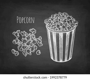 Popcorn. Chalk sketch on blackboard background. Hand drawn vector illustration. Retro style.