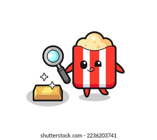 popcorn character is checking the authenticity of the gold bullion , cute style design for t shirt, sticker, logo element