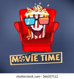 popcorn character design sitting on sofa and watching movie. movie time concept. typographic - vector illustration