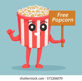Popcorn Character With Free Popcorn Sign