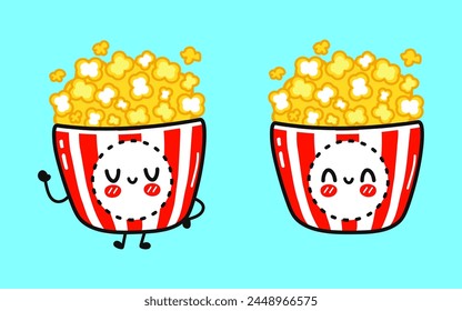 Popcorn character. Vector hand drawn cartoon kawaii character illustration icon. Isolated on blue background. Happy Popcorn character concept