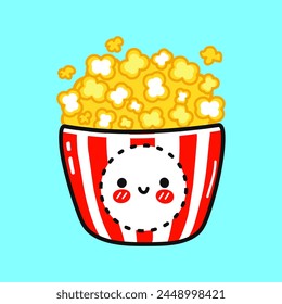 Popcorn character. Vector hand drawn cartoon kawaii character illustration icon. Isolated on blue background. Happy Popcorn character concept