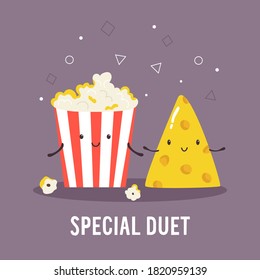 Popcorn and cheese. Cheerful friends. Vector illustration for prints, t shirts banners, web design