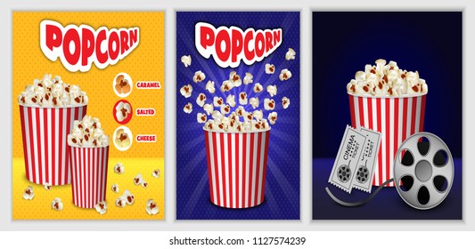 Popcorn cinema box striped banner concept set. Realistic illustration of 3 popcorn cinema box striped banner horizontal concepts for web