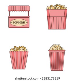 Juego de iconos rayados de la caja de cine de palomitas. Ilustración de esquema de 4 popcorn caja de cine iconos vectoriales rayados color de línea delgada plano sobre blanco