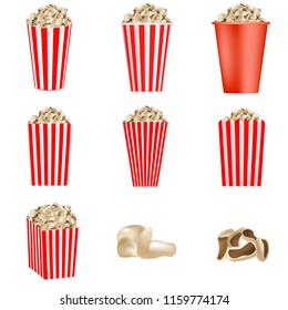 Popcorn cinema box striped mockup set. Realistic illustration of 9 popcorn cinema box striped vector mockups for web