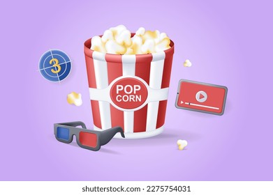 Popcorn in cinema concept 3D illustration. Icon composition with popcorn in bucket, movie glasses, video player in mobile phone screen, show entertainment. Vector illustration for modern web design