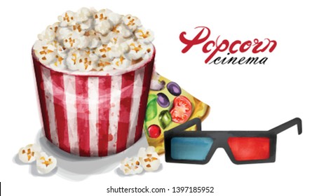 Popcorn And Cinema Glasses Vector Watercolor. Movie Concept Posters