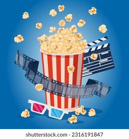 Afiche del cine de palomitas. Obteniendo la taza de papel rayado de maíz y la cinta de cine, película de cine, ilustración de fondo vectorial plana. Volante de cine