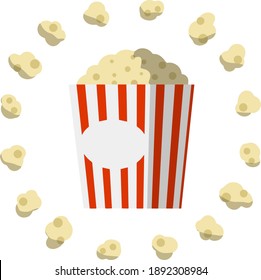Popcorn. Circle of Corn food and red striped packaging. Funny icon. Movie theater snack. Flat cartoon illustration