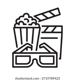 Popcorn clapperboard and 3d glasses elements for a movie night