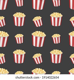 Popcorn with Classic Red and White Striped Box Emoji Pattern. Traditional Cinema or Movie Food Seamless Background Symbols. Silhouette Emoticon Popping Corn Design Vector.