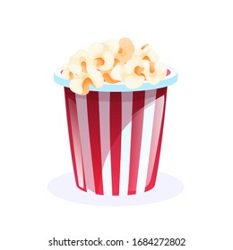 Popcorn in classic striped red white cardboard box in cartoon style for cinema poster, flyers ang card designing. Vector illustration isolated on white