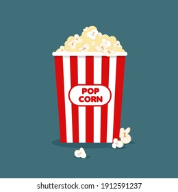 Popcorn in classic striped red white cardboard box in cartoon style for cinema poster. Takeaway fast food in trendy flat style. Restaurant junk food menu. Vector Illustration.