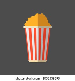 Popcorn in classically striped bucket on a grey background. Cinema food concept. Vector illustration