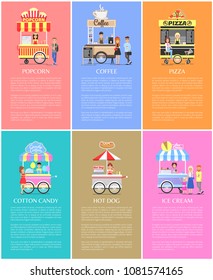 Popcorn coffee pizza, candy cotton and ice cream, hot dog different shops set isolated on colorful backdrops street food vans vector illustration